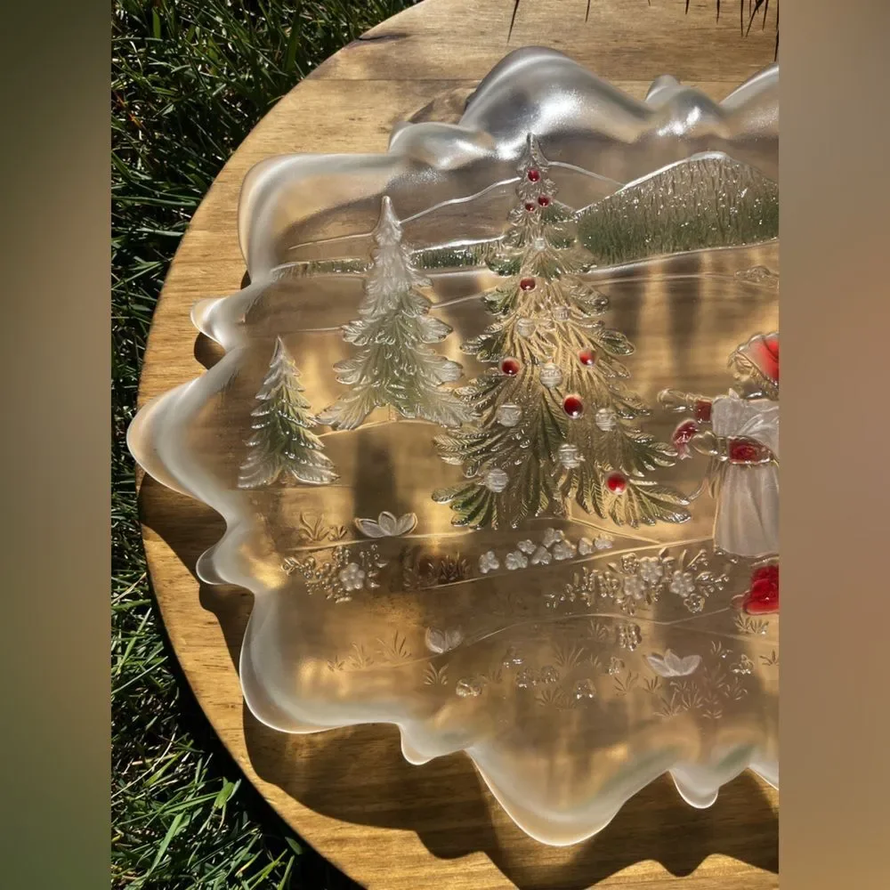 Mikasa Frosted Colored Glass Holiday Christmas Tree Tray w/Little Girl Red/Green